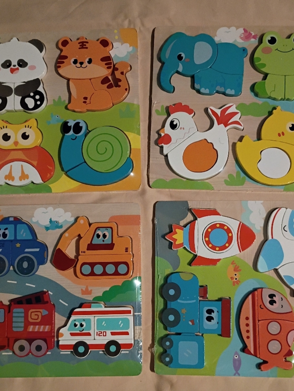New/Unused Set Of  Four 4-in-1 Colorful  Wooden 3D Puzzles for Young Kids
